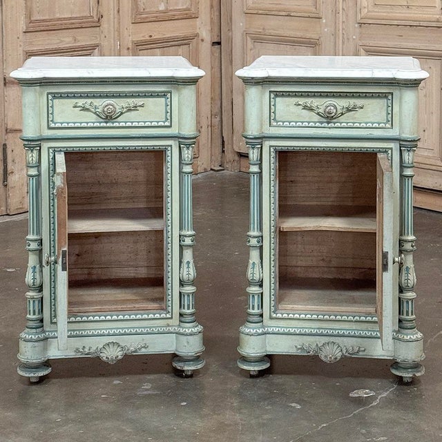 Pair 19th Century French Louis XVI Painted Nightstands With Carrara Marble For Sale - Image 13 of 18