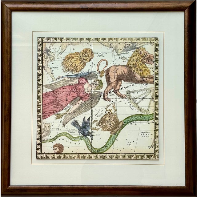 A striking pair of framed reproduction celestial constellation prints featuring richly hand-colored mythological figures...