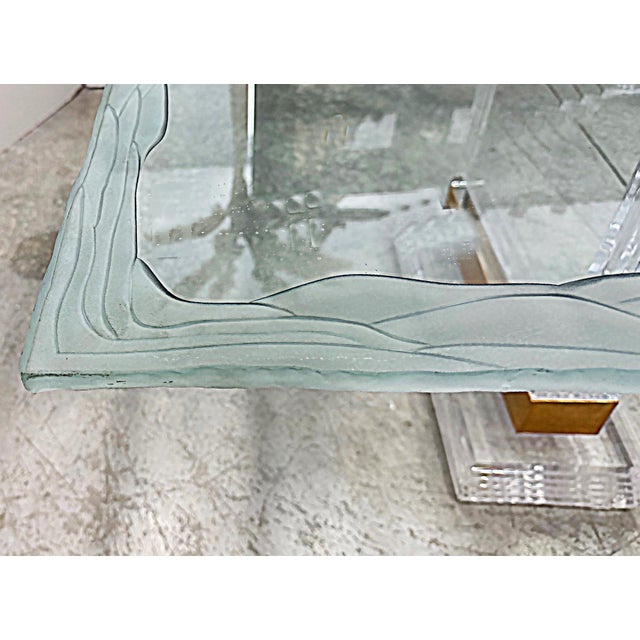 Substantial Lucite and Brass Dining Table, Etched Glass Top For Sale - Image 9 of 9