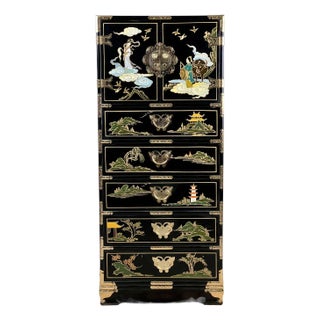 1990s Vintage Black Lacquer Hand Painted Taiwanese Lingerie Chest For Sale