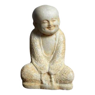 Chinese White Marble Seated Young Monk Statue For Sale