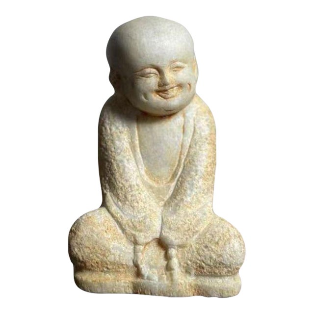Chinese White Marble Seated Young Monk Statue For Sale