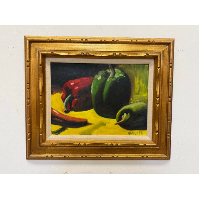Wood Vintage Still Life With Peppers Oil on Board Signed For Sale - Image 7 of 12