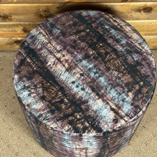 2020s Round Ottoman Footstool Made in Usa Designer Abstract Fabric Accent Stool 21"x17 For Sale - Image 5 of 8