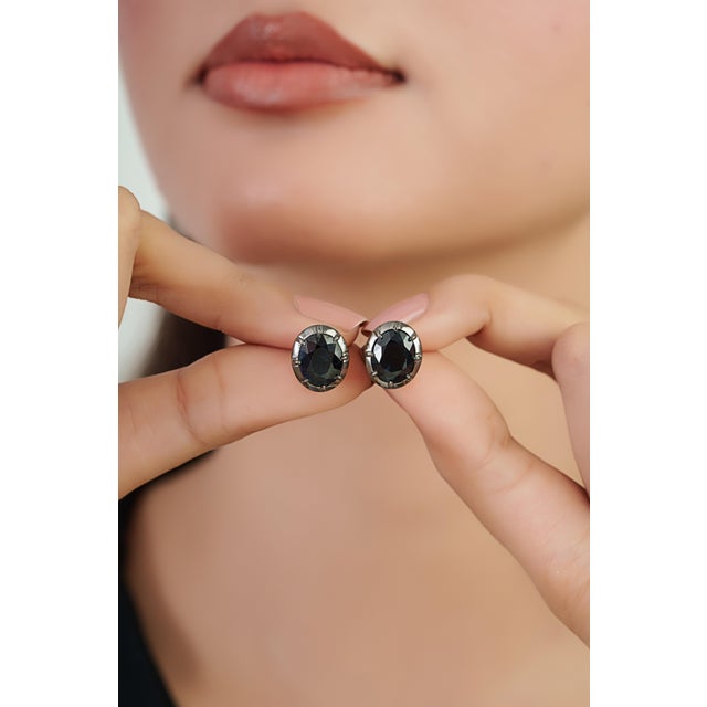 14k Gold 6.97ct Bold Deep Blue Sapphire Stud Earrings With Black Rhodium For Sale - Image 11 of 15