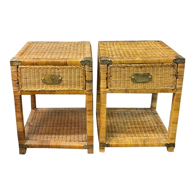 Mid Century Campaign Style Wicker Nightstands, End Tables For Sale