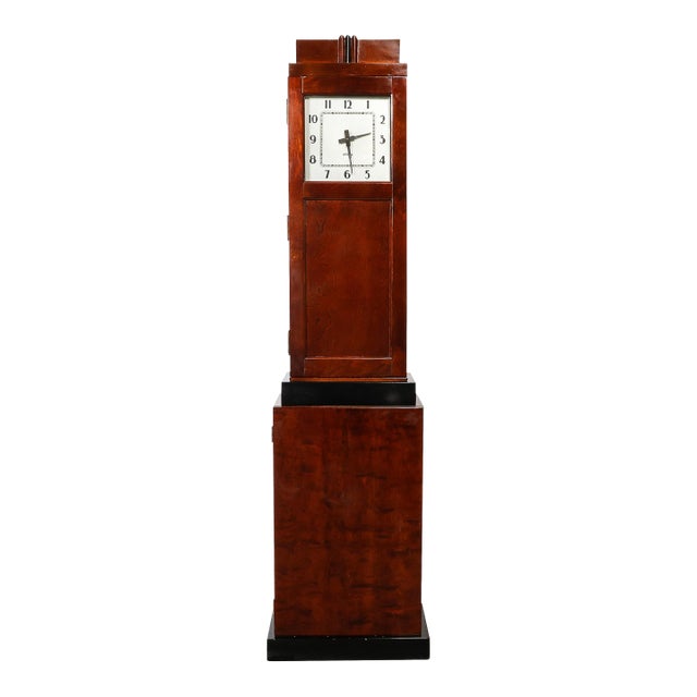 Art Deco Skyscraper Style Grandfather Clock in Walnut With Black Lacquer Accents For Sale