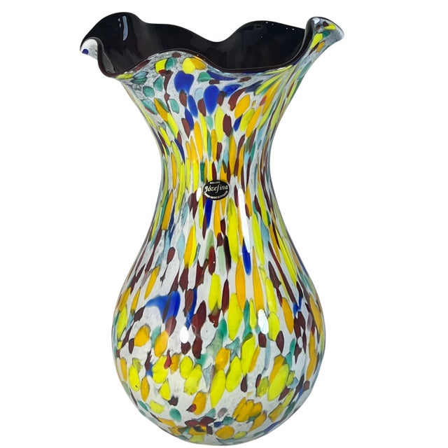 15+ In. Tall Bulbous Multicolor Ruffled Art Glass Confetti Multicolor Vase For Sale - Image 16 of 18