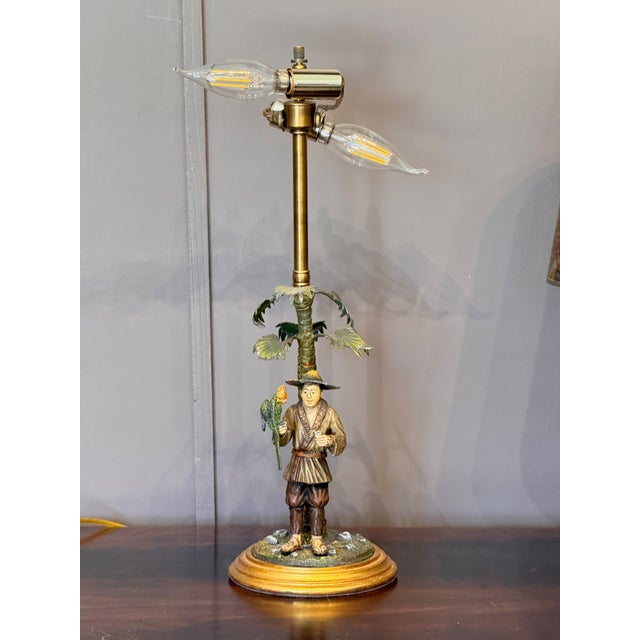 Pair of Cold Painted Bronze Figural Lamps With Mottled Paper Shades For Sale - Image 15 of 16
