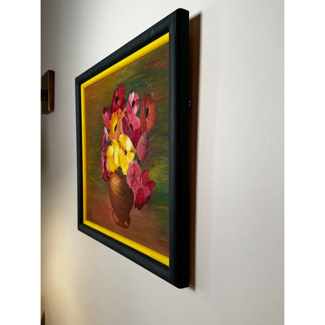 Vintage Mid Century Impressionist "Poppy" Floral Still Life Original Oil Framed Painting in Bottle Green, Dark Pink & Canary Yellow For Sale - Image 9 of 12