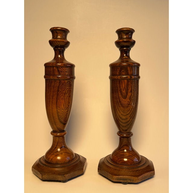 Victorian A Pair of English Traditional Empire Solid Oak Wood Candlesticks For Sale - Image 3 of 12