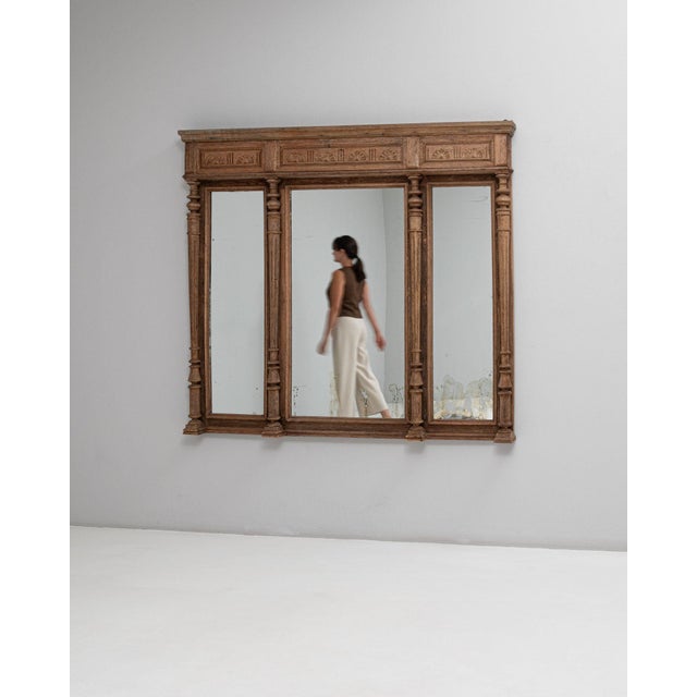 Gold 1900-1909 France Warm Golden Oak Carved Oak Triptych Mirror For Sale - Image 8 of 11