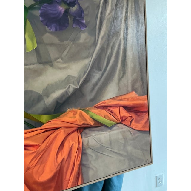 Taupe Vintage Monumental Original Oil Painting of Iris For Sale - Image 8 of 12