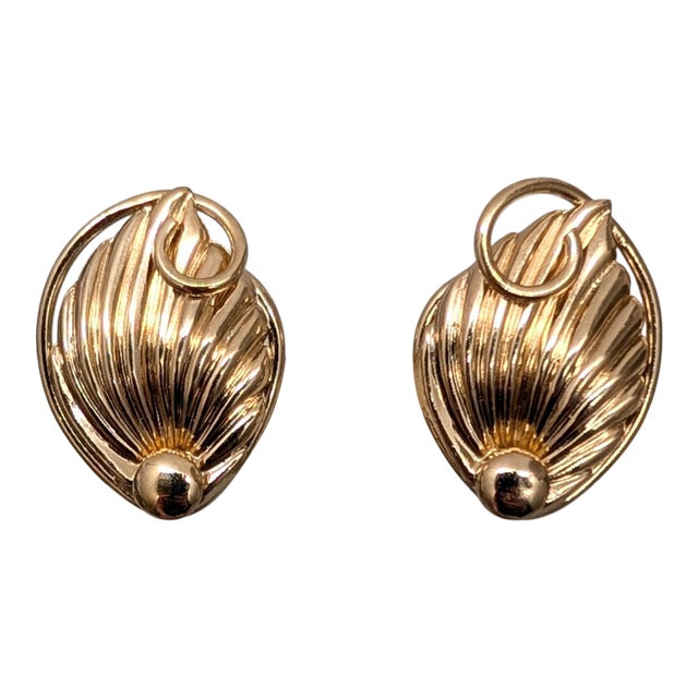 Vintage 1950s Signed Napier Goldtone Ribbed Leaf With Curled Stem Clip Earrings-2 Pieces For Sale