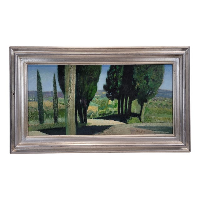René Genis, The Alley of the Cypresses, 1970s, Oil on Canvas For Sale