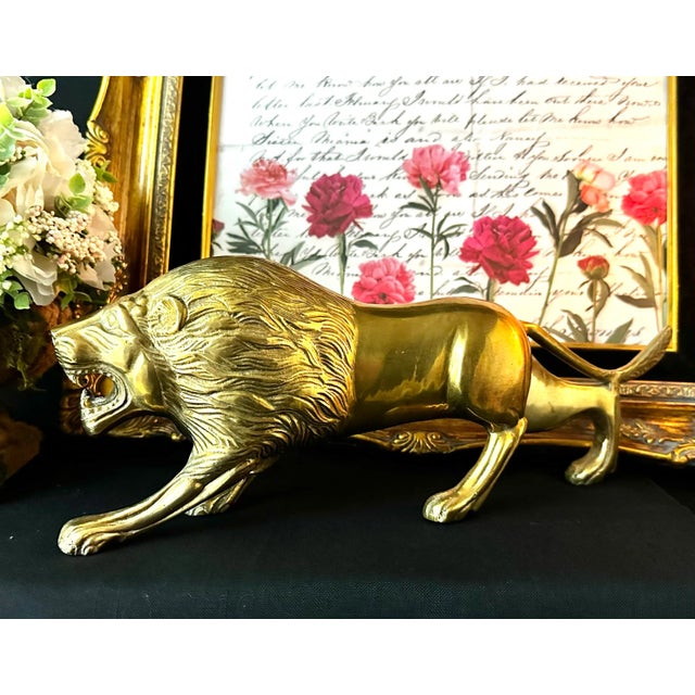 Late 20th Century Vintage Brass Lion Statue Office Bookcase Lion Decor 13" For Sale - Image 5 of 12