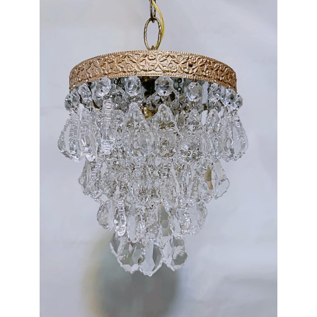 Brass Vintage Filigree Floral Brass Rim With French Pendalogue Crystal Chandelier For Sale - Image 8 of 8