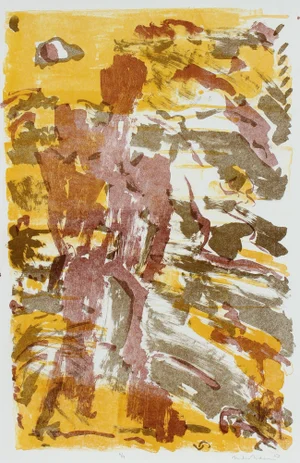 Warm Toned Modernist Figure & Sky Abstract 1953 Lithograph