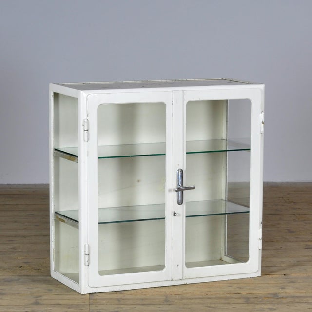 Industrial Vintage Glass and Metal Display Cabinet, 1930 For Sale - Image 3 of 13
