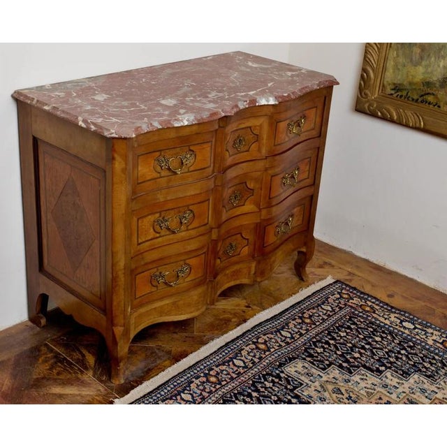 Antique Louis XV Chest of Drawers with Marquetry and Marble Top For Sale - Image 3 of 8