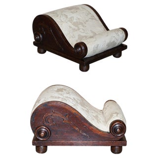 Antique Georgian Footstool with Angel Cherub Upholstery, 1800s For Sale
