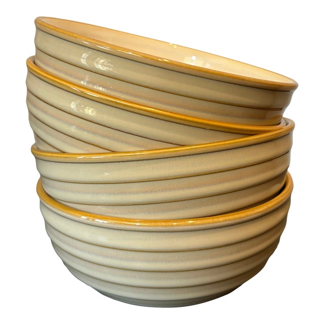 Vintage Mid-Century Modern Dansk Reactic Khaki Soup & Cereal Bowls Ribbed Stoneware - Set of 4 For Sale