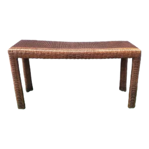 Vintage Brown Woven Wicker Coastal Long Console Table