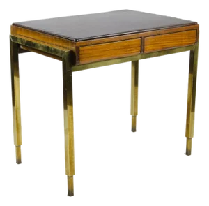1940s Jansen-Style Modern Wooden 2-Drawer Desk With Bronze Accents and Leather Surface, France