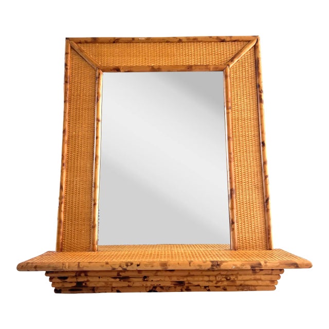 1970s Bamboo and Woven Rattan Wall Mirror With Console For Sale