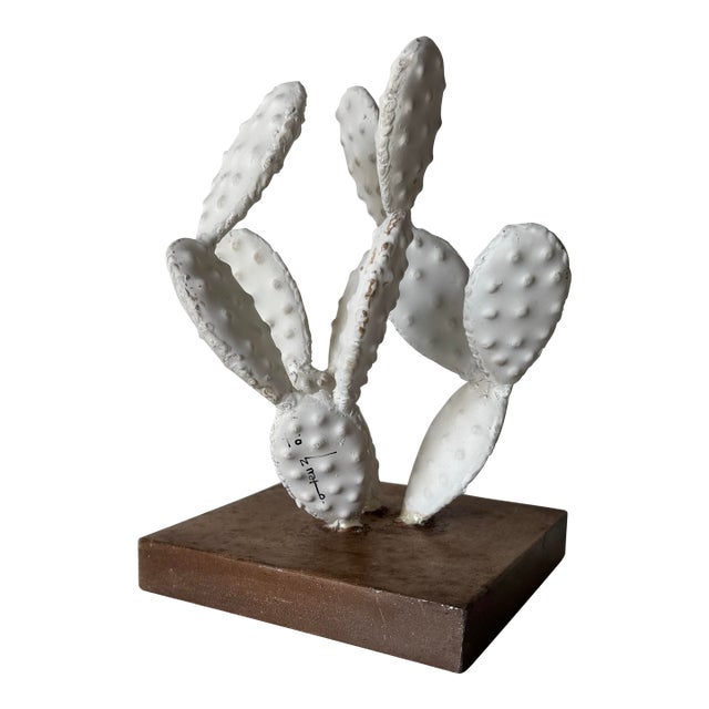 Vintage White Metal Cactus Table Sculpture on Wood Base – Signed Illegible For Sale