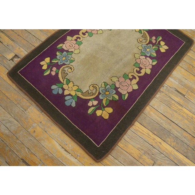 Purple 1890s Purple Medallion Floral Handmade Folk Art Antique American Hooked Rug For Sale - Image 8 of 10
