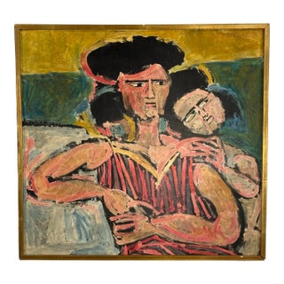 “Mother and Child” by Frederico Castellon Madrid 1962 Framed Watercolor on Masonite For Sale