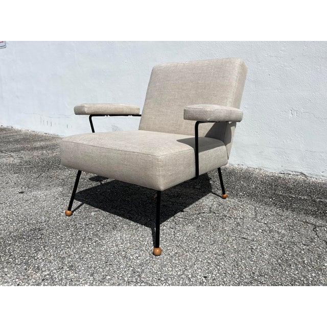 1950s Lounge Chair Attributed to Milo Baughman, Black Iron, Kravet Beligan Linen For Sale - Image 12 of 17