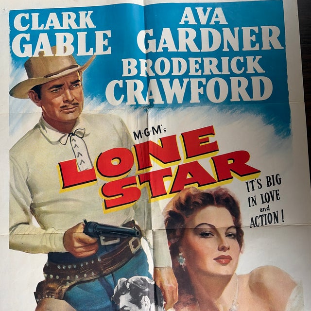 Original Lone Star movie poster from 1951. There are some creases from it being folded and minor tears along the fold...