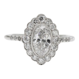 Vintage Platinum 900 Natural Diamond Milgrain Oval Shape Engagement Band Ring, Size 7 For Sale