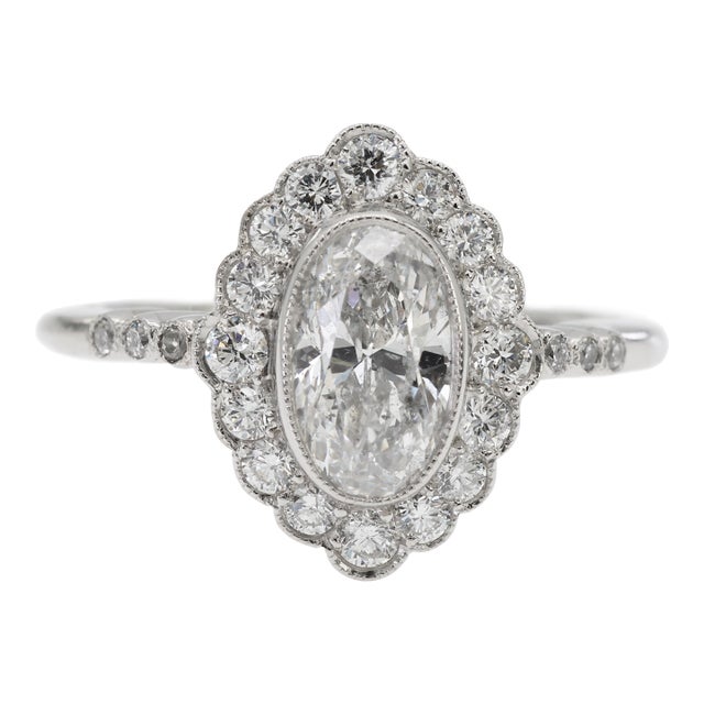 Vintage Platinum 900 Natural Diamond Milgrain Oval Shape Engagement Band Ring, Size 7 For Sale