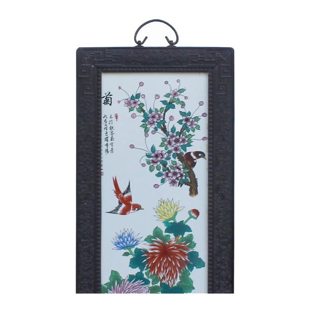Vintage Chinese Wood Frame Porcelain Flower Birds Wall Plaque Panel For Sale - Image 4 of 7