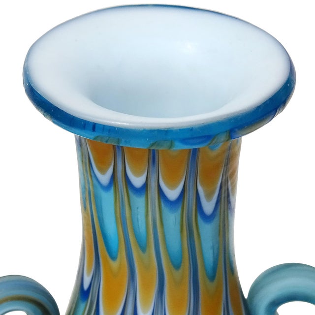 Beautiful antique Murano hand blown cobalt and sky blue, orange, and white Italian art glass decorative double handle...