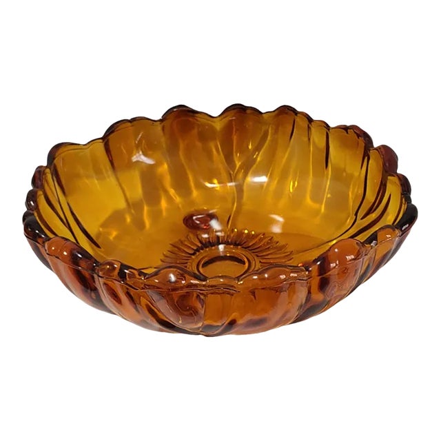 Vintage Amber Color Indiana Glass Bowl Sunflower Center Footed Scalloped Edge For Sale