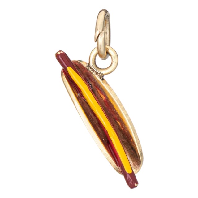 Vintage Hot Dog Charm 14k Yellow Gold Pendant Red Yellow Enamel Food Estate For Sale