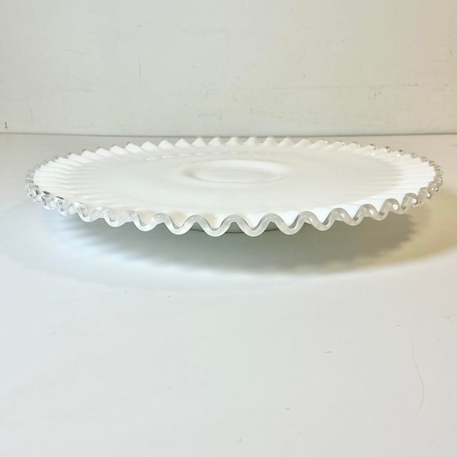 Fenton Brothers 1950s Vintage Americana Farmhouse Boho Chic Fenton Silver Crest Milk Glass Ruffled Edge Low-Rise Cake Stand For Sale - Image 4 of 12