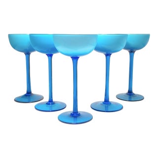1960s Carlo Moretti Set of 5 Azure Blue & White Cased Champagne Glasses For Sale