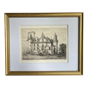 Antique Etching of French Chateau Rochefoucauld by Eugène Sadoux C. 1860