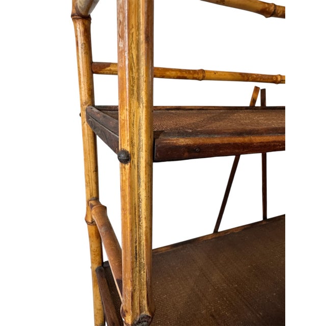 Brown Antique Bamboo Bookcase, Five Woven Shelves For Sale - Image 8 of 10