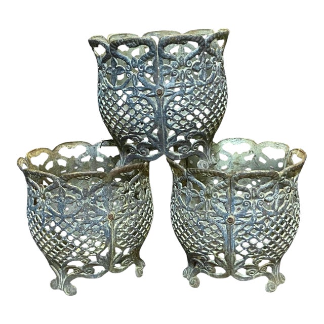 Three Antique Cast Iron Reticulated Jardinieres For Sale