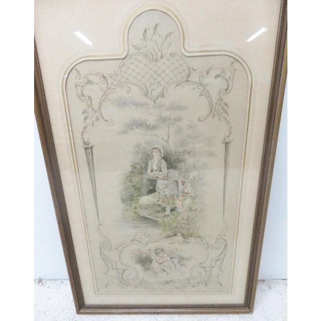 Painting on silk of woman posing on a bridge, cherubs and floral decoration.