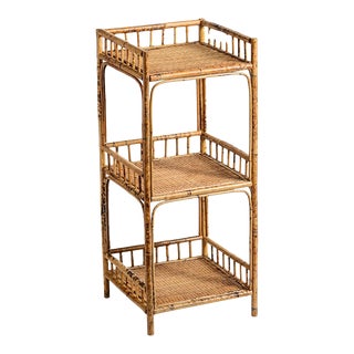 Vintage French Faux Tortoiseshell Bamboo & Grasscloth 3 Tier Etagere For Sale