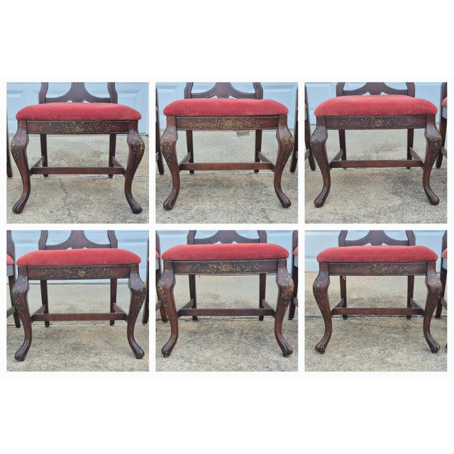 Mid-20th Century Lane Rustic Floral Paint Decorated Walnut Dining Chairs, Set of 6 For Sale - Image 9 of 18