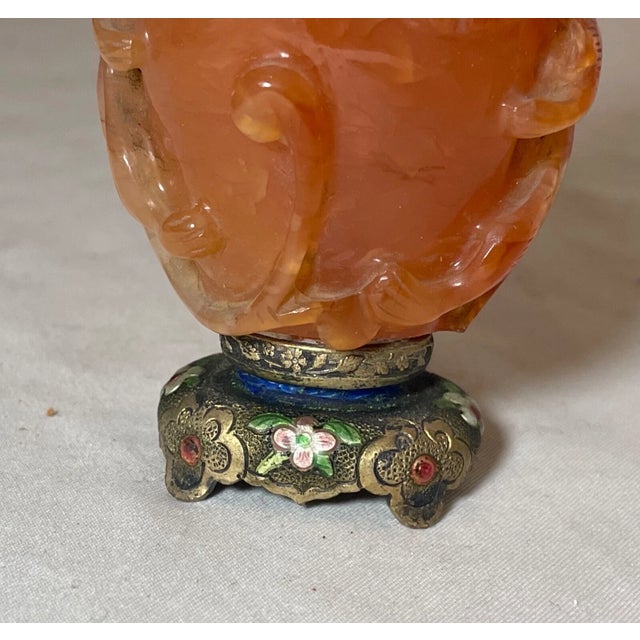 Antique Chinese Carved Carnelian Agate Enamel Sterling Silver Stone Snuff Bottle For Sale - Image 13 of 15