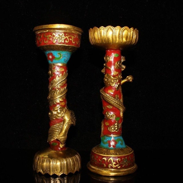 Mid 20th Century Vintage Pair of Cloisonne Candlesticks - Dragon & Phoenix Motif For Sale - Image 5 of 9